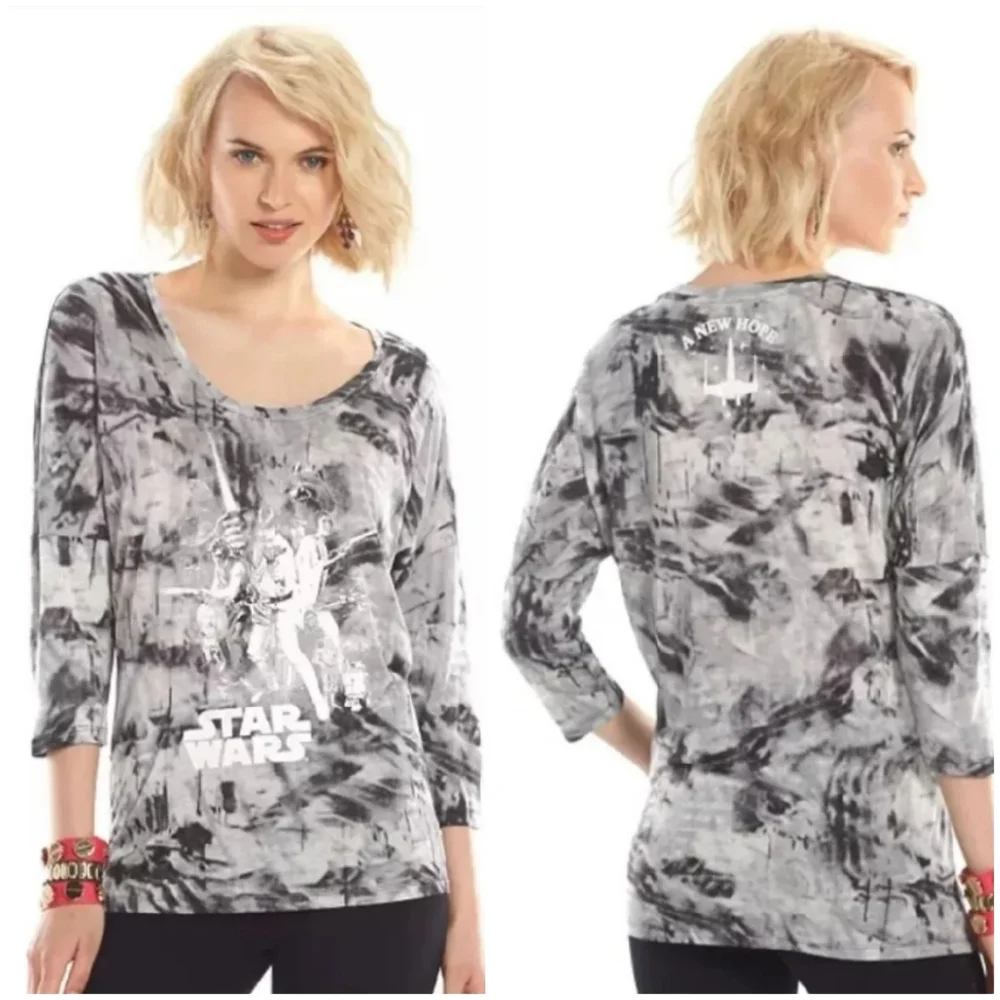 Rock & Republic Star Wars Womens L Tie-Dye Gray Sparkly Tunic Top Leia Skywalker - Picture 12 of 13